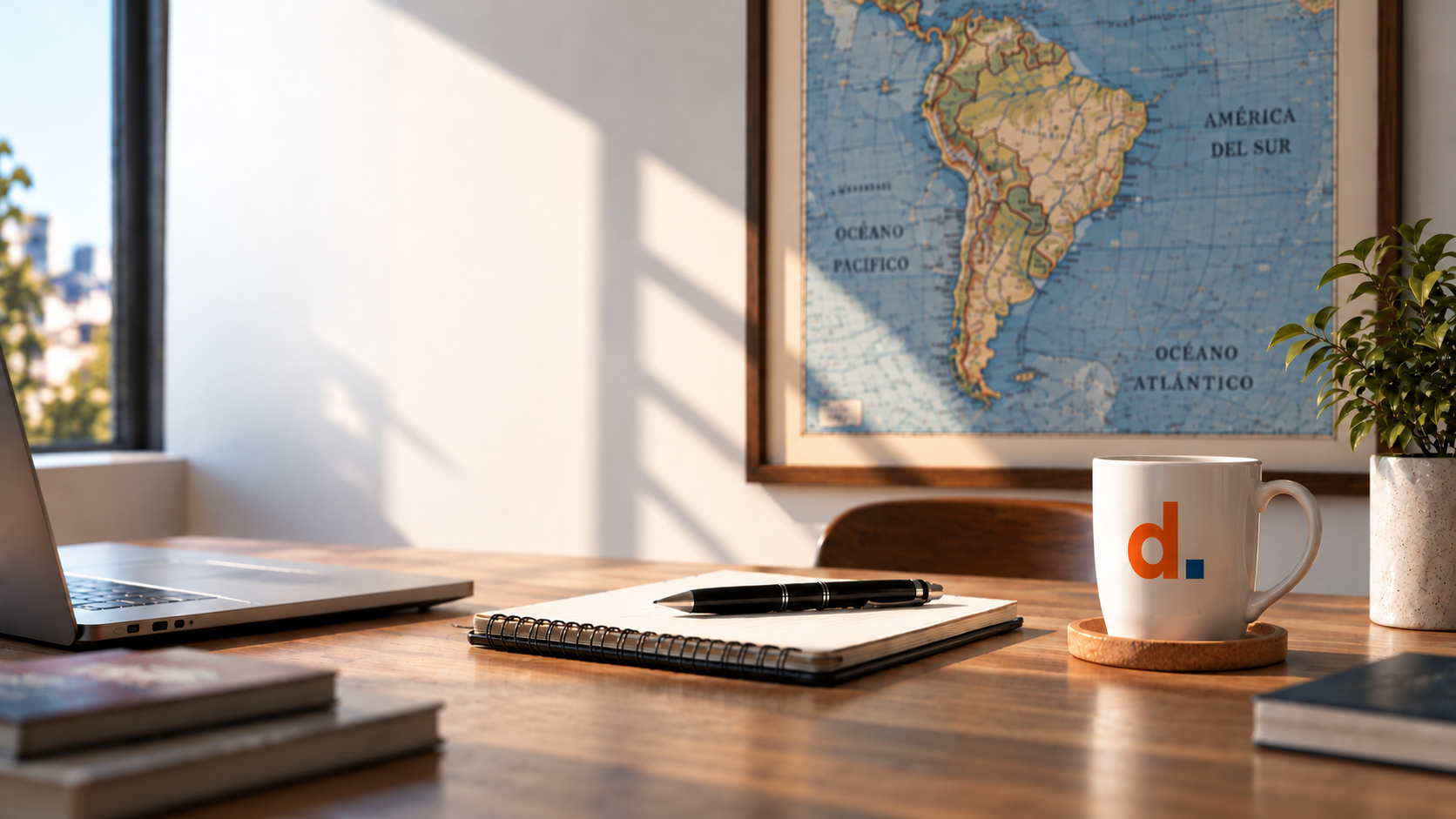 Escritorio de Diegoonline con mapa de Sudamérica, notebook, cuaderno y taza